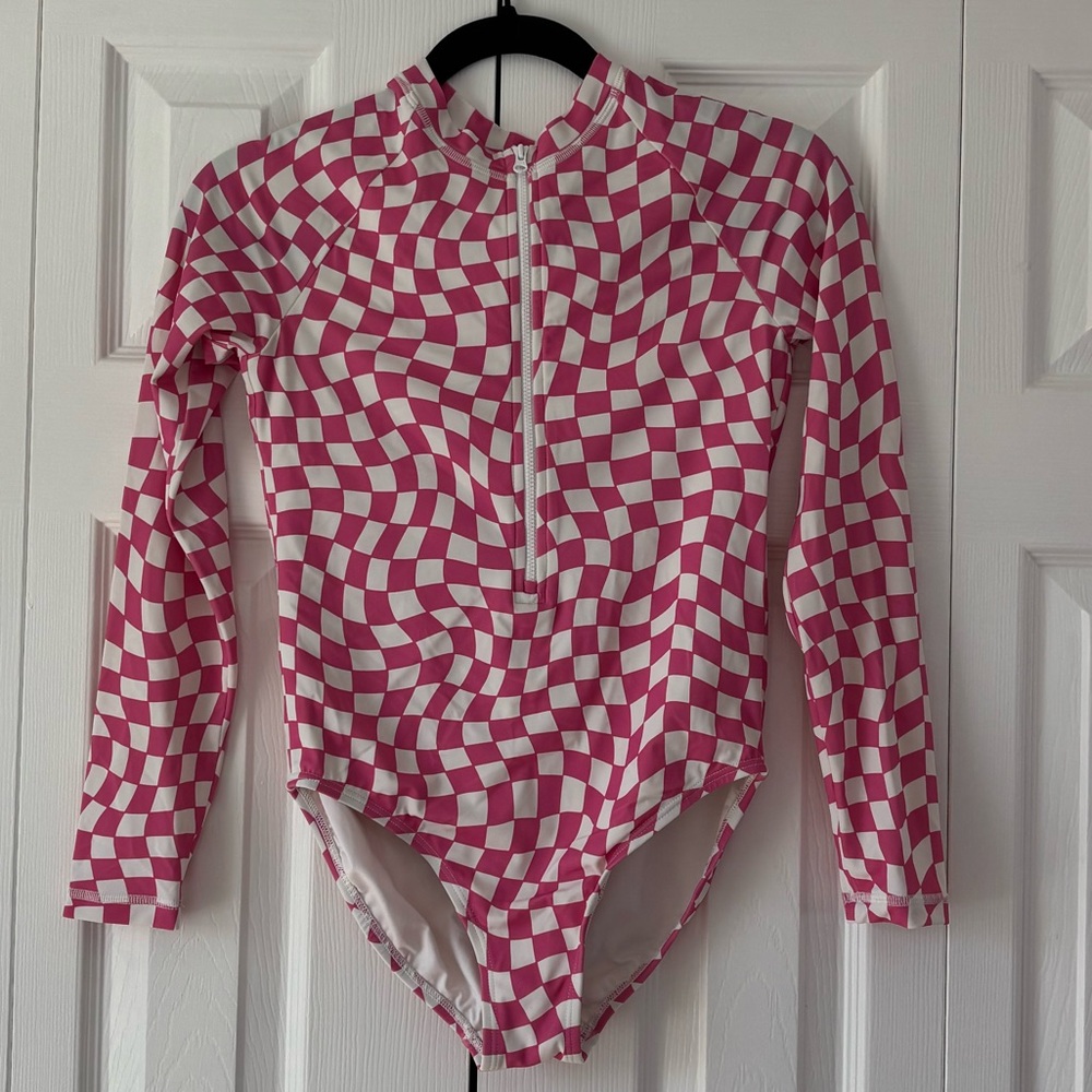 Hanna Andersson Pink and White Checkered Long-Sleeve One-Piece Swimsuit